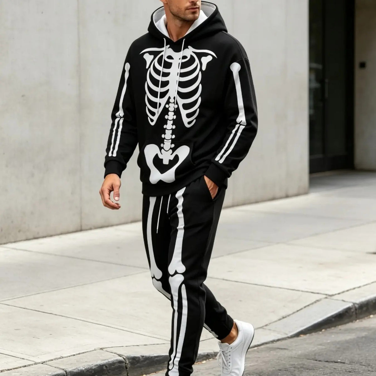 KZZ Men's Halloween Skull Print Hoodie and Pants Set