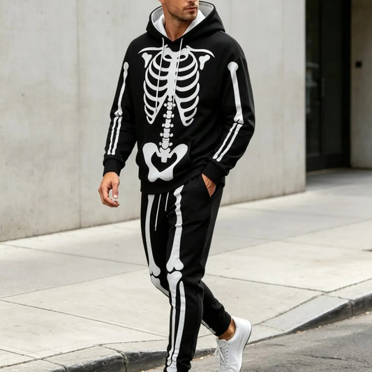 KZZ Men's Halloween Skull Print Hoodie and Pants Set