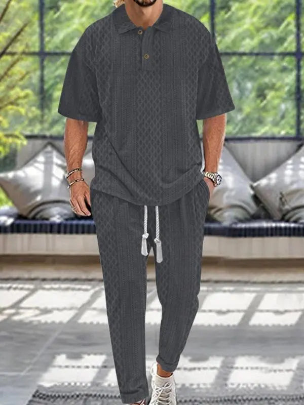 KZZ Men's Textured Drop-Shoulder Collar T-Shirt Two-Piece Set