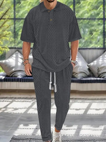 KZZ Men's Textured Drop-Shoulder Collar T-Shirt Two-Piece Set