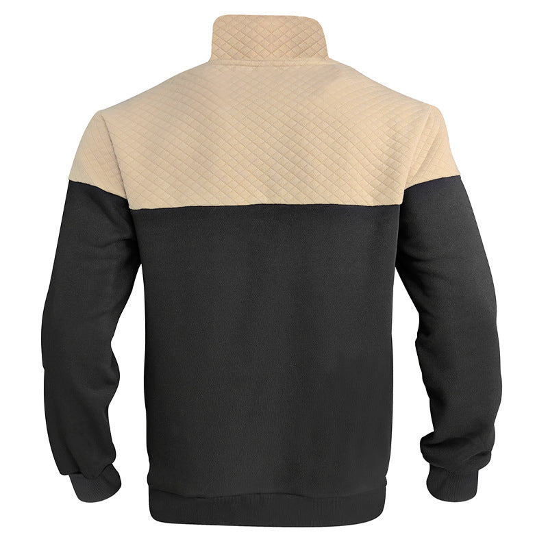 KZZ Men's Fall/Winter Patchwork Design Casual Stand-Up Collar Zipper Hoodie Sweatshirt