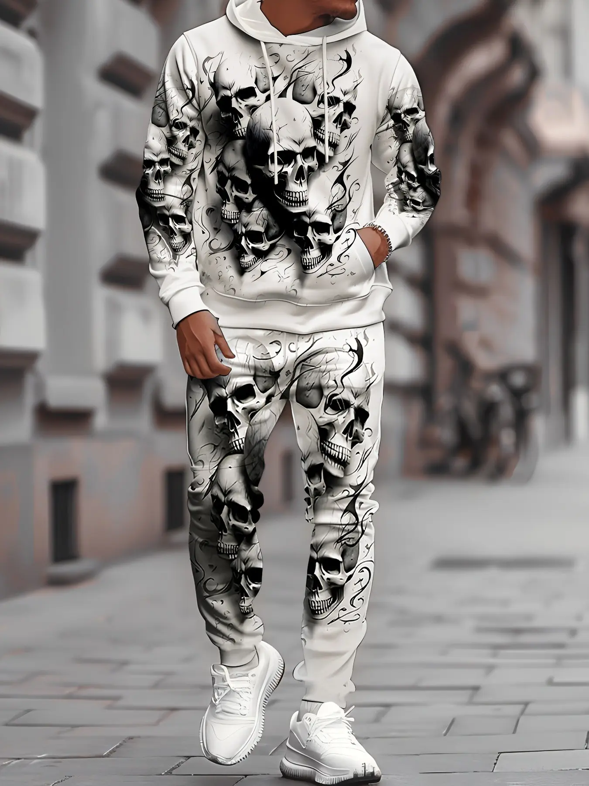 KZZ Men's Halloween Skull Print Hoodie and Pants Set