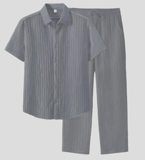 KZZ Men's Two-piece Suit Shirt and Elastic Waist Pants Set