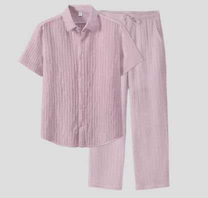 KZZ Men's Two-piece Suit Shirt and Elastic Waist Pants Set