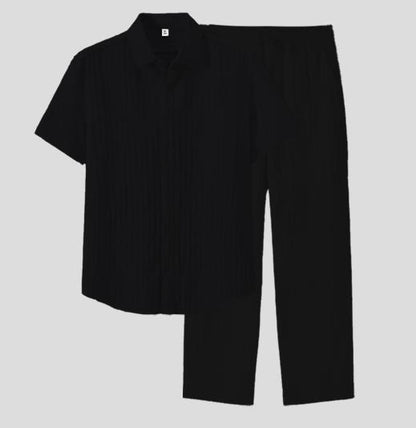 KZZ Men's Two-piece Suit Shirt and Elastic Waist Pants Set