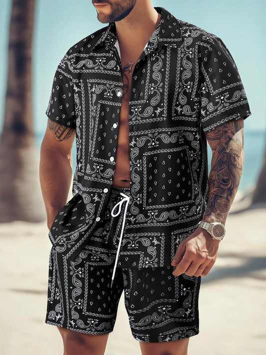 KZZ Men's All Over Print Short Sleeve Shirt & Shorts Two-piece Set