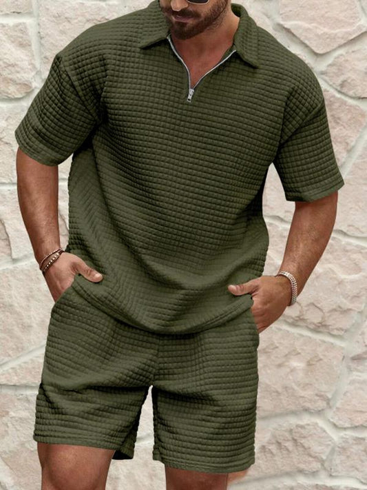 KZZ Men's Solid Color Short Sleeve and Casual Shorts Set
