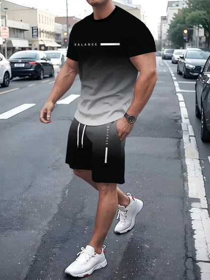 KZZ Men's Gradient Short-Sleeve Gym Set