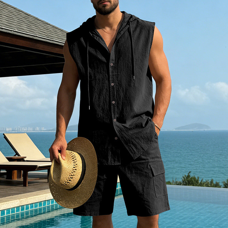 KZZ Loose-Fit, Breathable Linen Summer Set: Hooded Sleeveless Shirt & Cargo Shorts