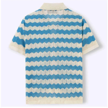 KZZ Men's Retro Hong Kong Style Wavy Open-Knit Polo Shirt