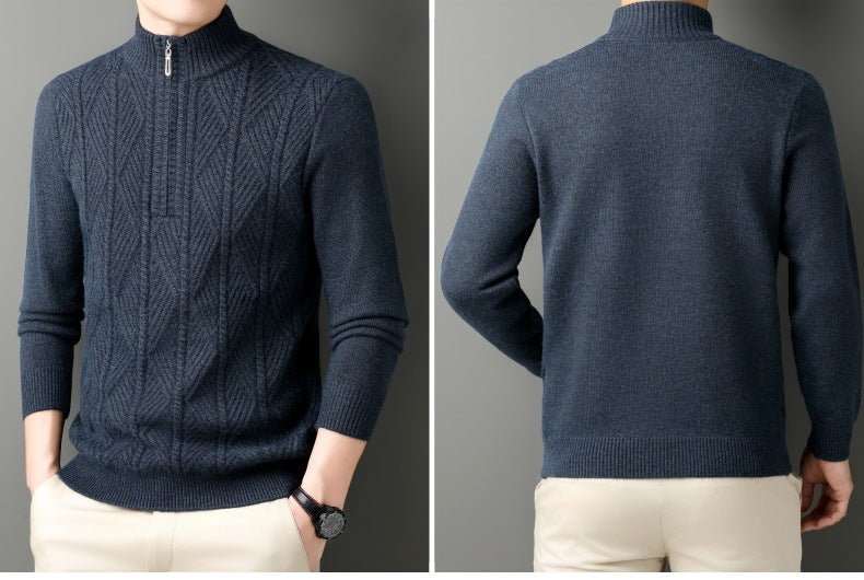 KZZ Men's solid color quarter-zip stand collar knit long-sleeved top