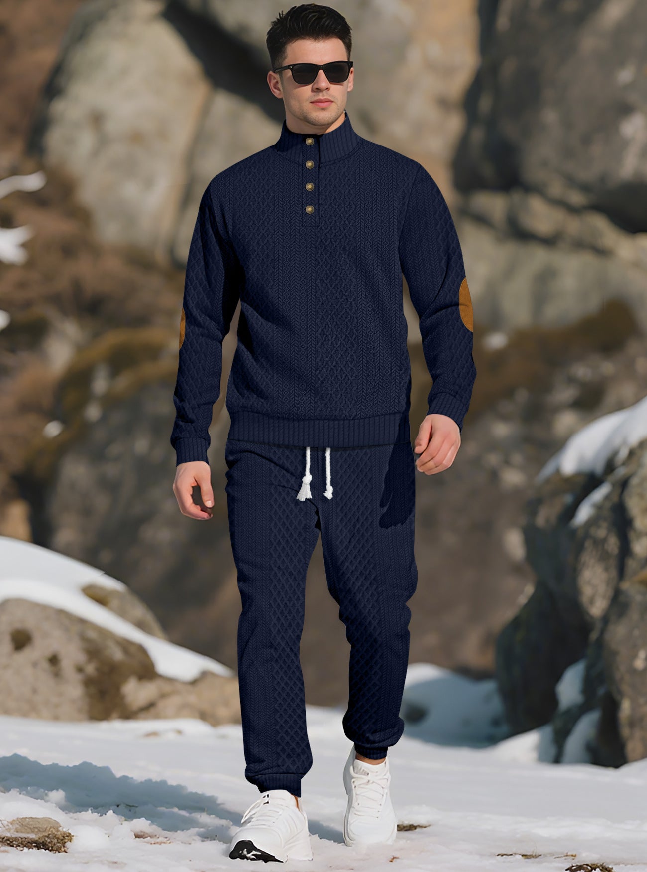 KZZ Men's knitted suit. The top features a half-placket and a high neckline, The fabric is thick.