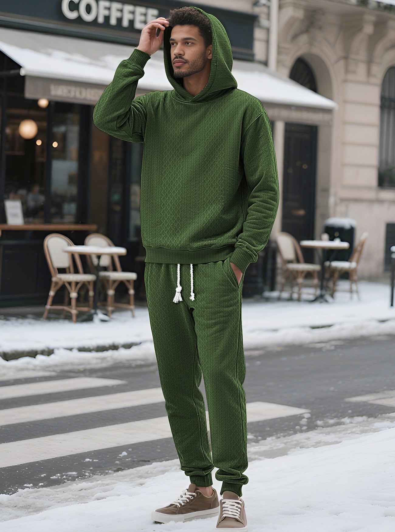 KZZ Two-piece men's solid color hooded sweatshirt and drawstring pants set
