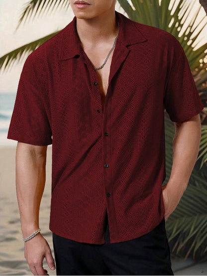 KZZ Men's short-sleeved versatile shirt with openwork jacquard pattern