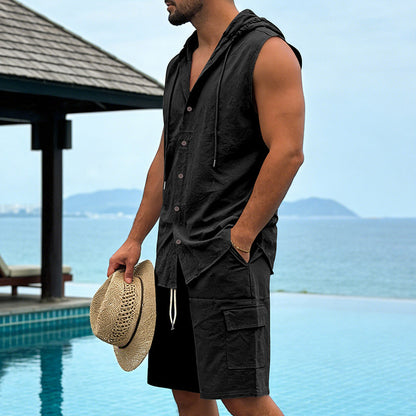 KZZ Loose-Fit, Breathable Linen Summer Set: Hooded Sleeveless Shirt & Cargo Shorts