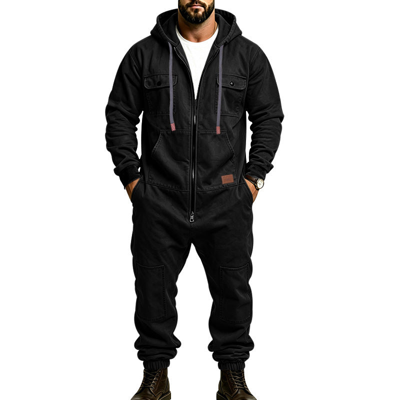 KZZ Men's Hooded Workwear Casual Street Style Jumpsuit