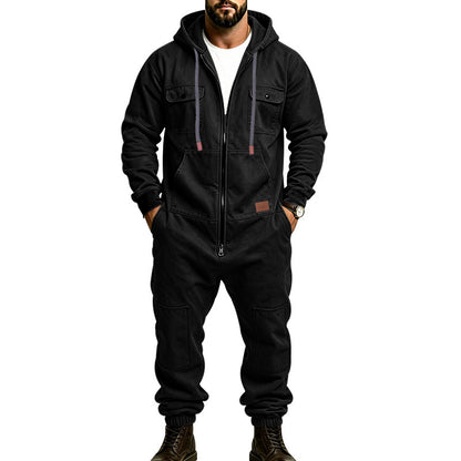 KZZ Men's Hooded Workwear Casual Street Style Jumpsuit