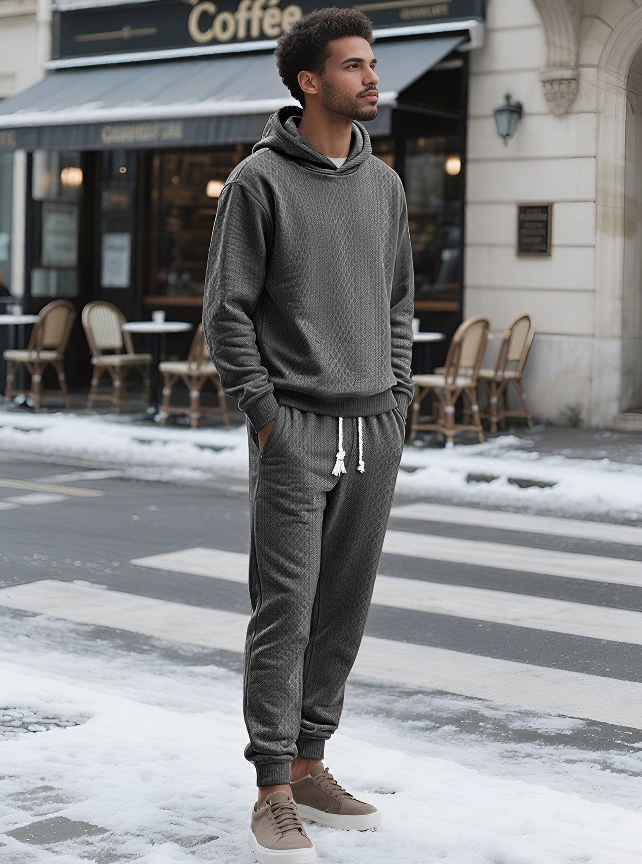 KZZ Two-piece men's solid color hooded sweatshirt and drawstring pants set