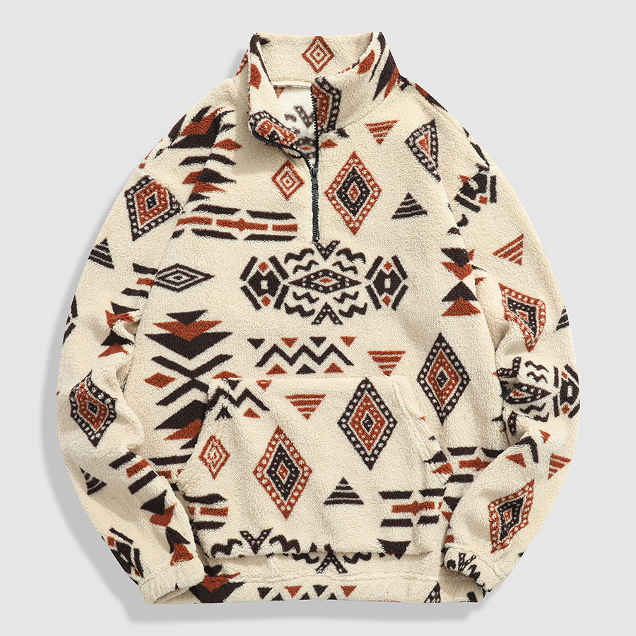 KZZ Men's Ethnic Pattern Drop Shoulder Zipper Sweatshirt