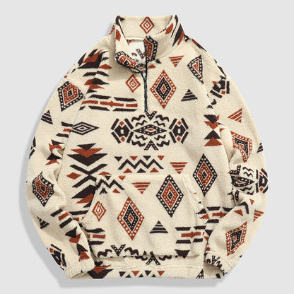 KZZ Men's Ethnic Pattern Drop Shoulder Zipper Sweatshirt