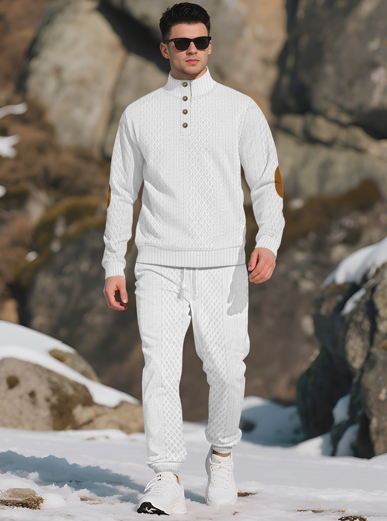 KZZ Men's knitted suit. The top features a half-placket and a high neckline, The fabric is thick.