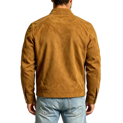 KZZ Suede stand-up collar motorcycle jacket for men, multi-zipper casual style