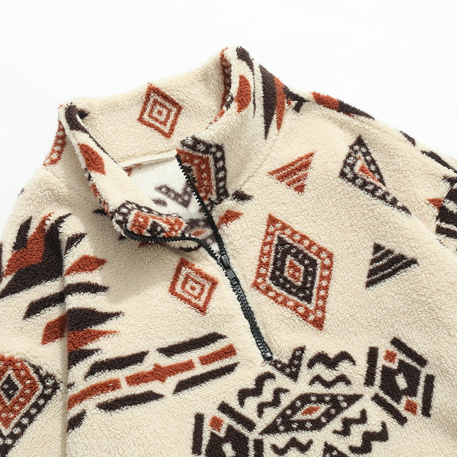 KZZ Men's Ethnic Pattern Drop Shoulder Zipper Sweatshirt