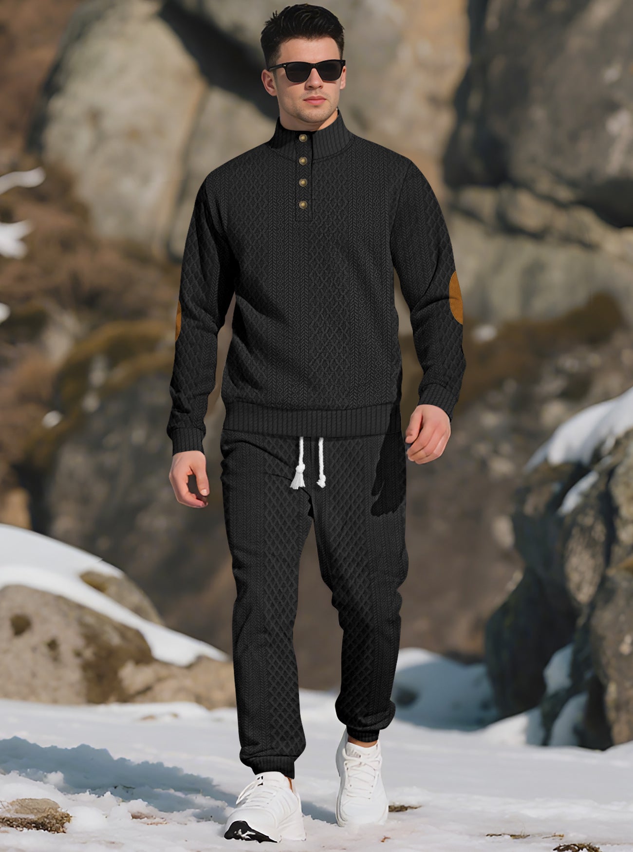 KZZ Men's knitted suit. The top features a half-placket and a high neckline, The fabric is thick.