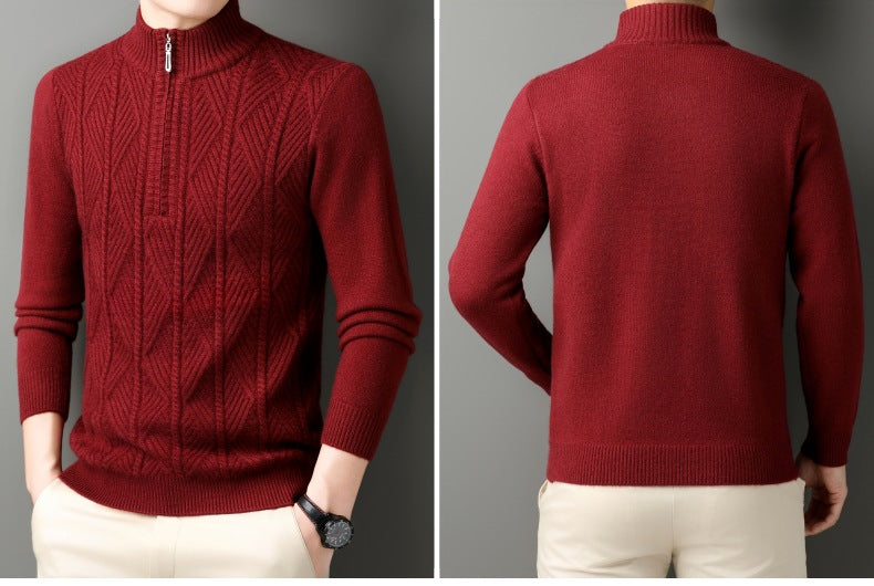 KZZ Men's solid color quarter-zip stand collar knit long-sleeved top