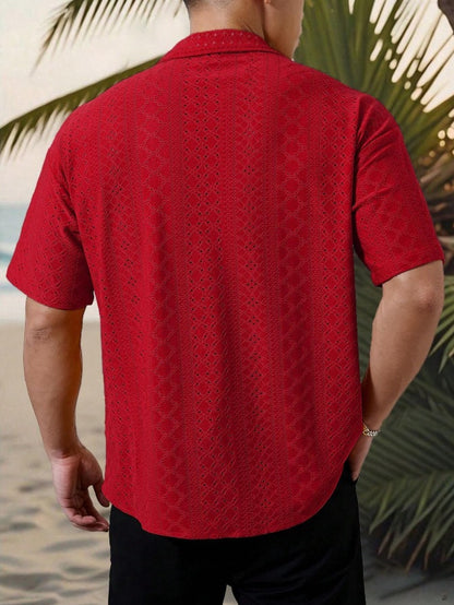 KZZ Men's short-sleeved versatile shirt with openwork jacquard pattern