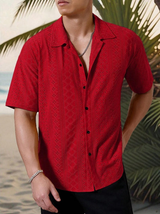 KZZ Men's short-sleeved versatile shirt with openwork jacquard pattern