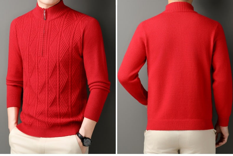 KZZ Men's solid color quarter-zip stand collar knit long-sleeved top