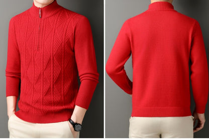 KZZ Men's solid color quarter-zip stand collar knit long-sleeved top