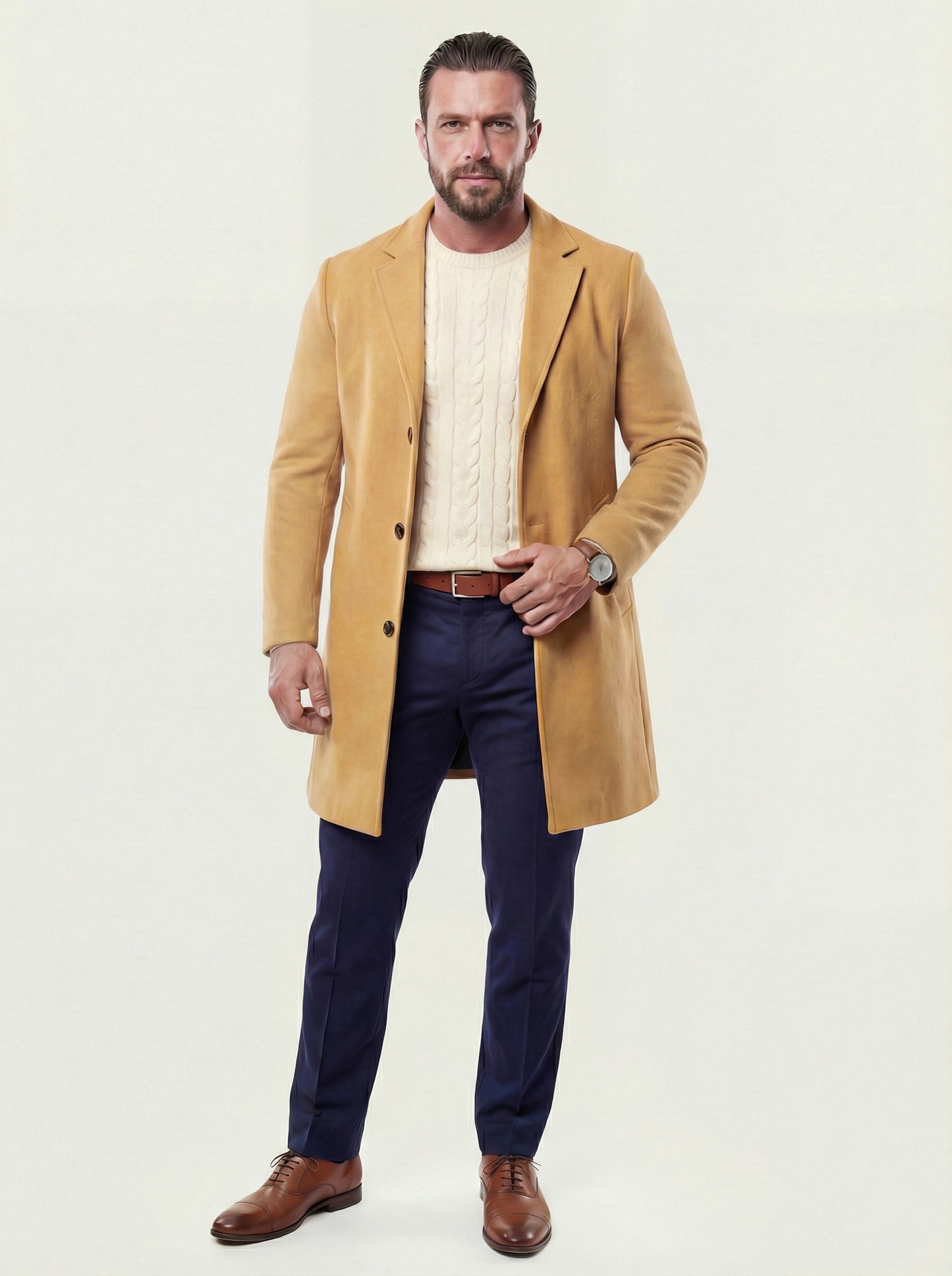 KZZ Men's Solid Button Front Lapel Neck Midi Coat Wear