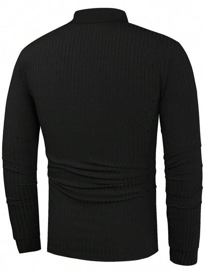 KZZ Men's Solid Color Button Polo Shirt, Regular Fit Casual Long Sleeve Top