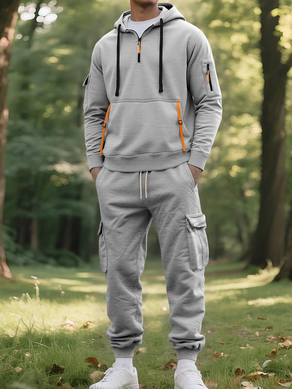 KZZ Men's Fall & Winter Hooded Casual Tracksuit Set: featuring a zip-front hooded design, cargo pants with multiple pockets