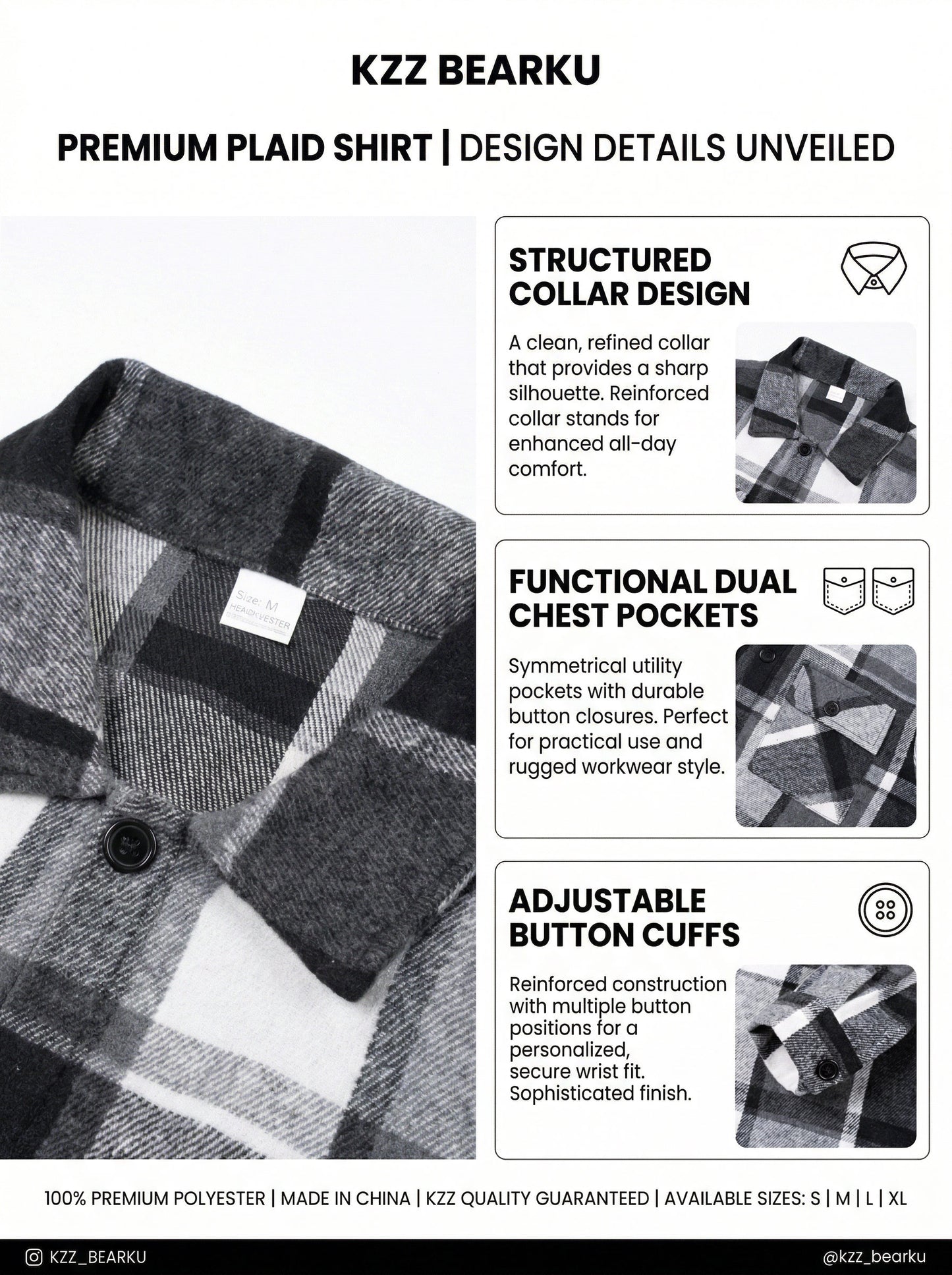 KZZ Men's plaid check long coat, with a buttoned lapel, loose fit