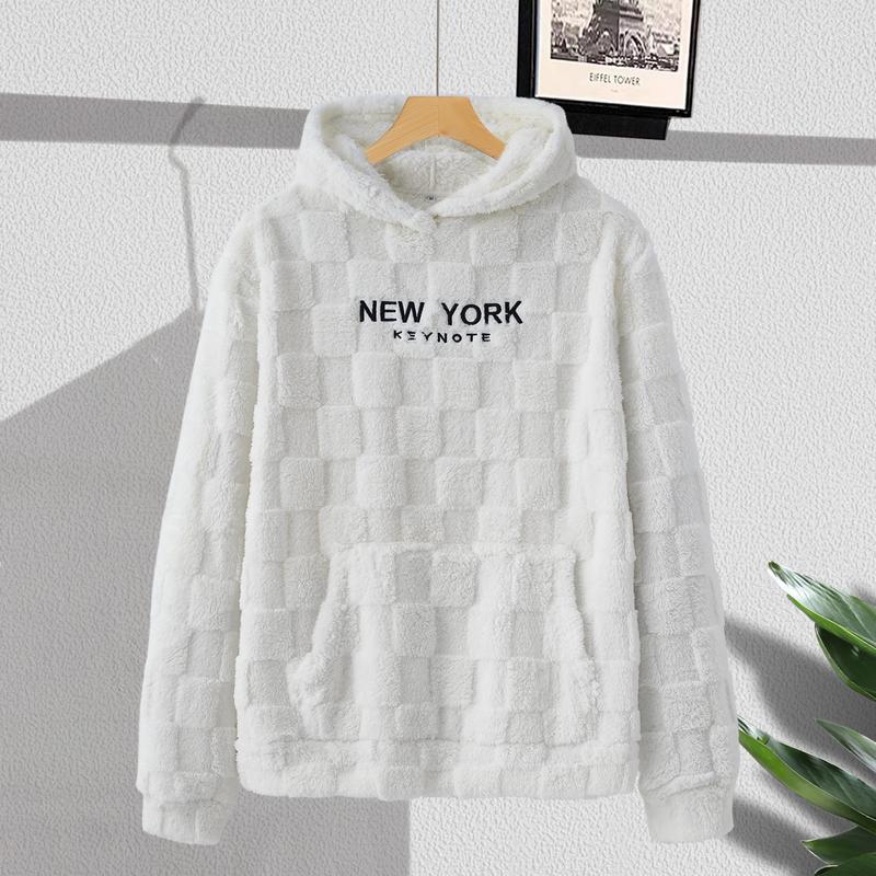KZZ NewYork Hoodie Men's Letter Embroidery Pocket Textured Flannel Hoodie