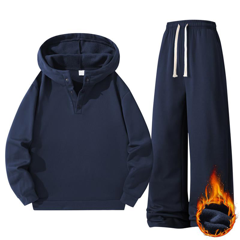 KZZ Autumn & Winter Lazy Set Fleece Hoodie + Straight-Leg Sweatpants