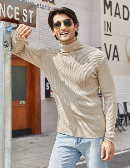 KZZ Fall Outfits Men's Knitted Ribbed Turtleneck/High Neck Slim Fit Basic Sweater