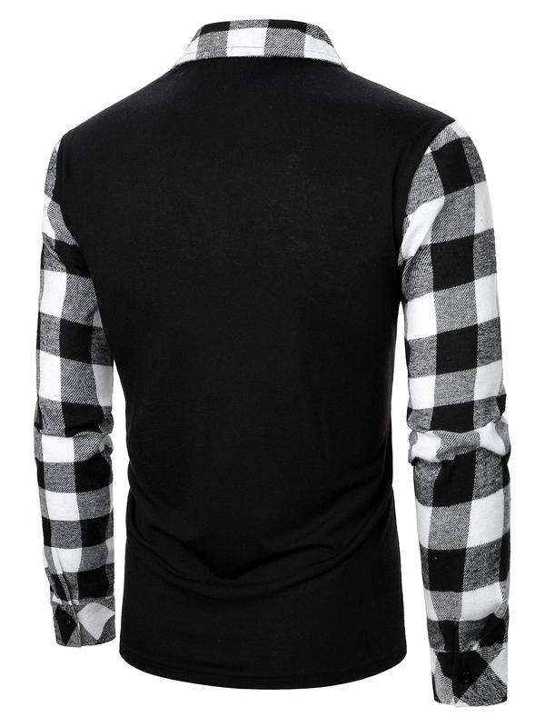 KZZ Men's Patchwork Plaid Print Half Zip Up Polo Shirt