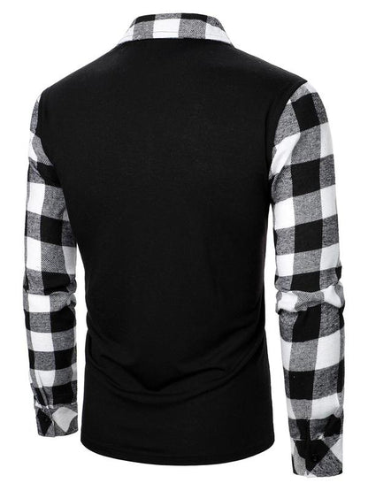 KZZ Men's Patchwork Plaid Print Half Zip Up Polo Shirt