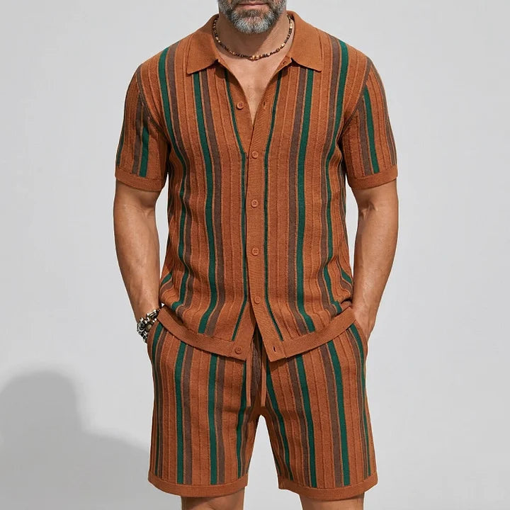 KZZ Men's Contrast Striped Turndown Collar Short Sleeve Shirt & Drawstring Shorts  Set