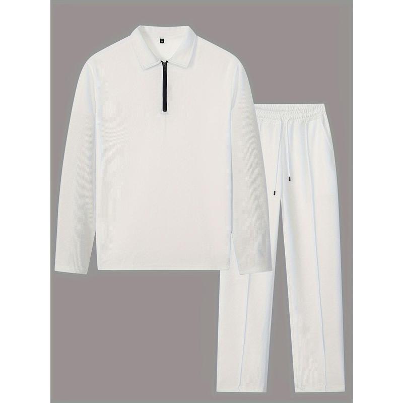 KZZ Men's solid color checkered casual suit, including long sleeved collar shirt and drawstring pants