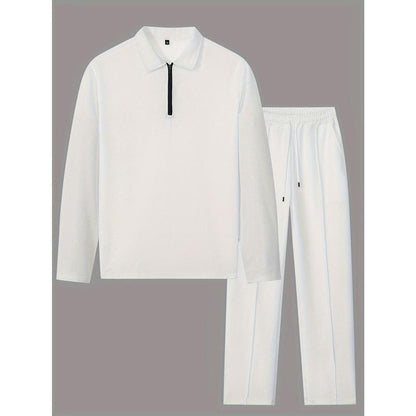 KZZ Men's solid color checkered casual suit, including long sleeved collar shirt and drawstring pants