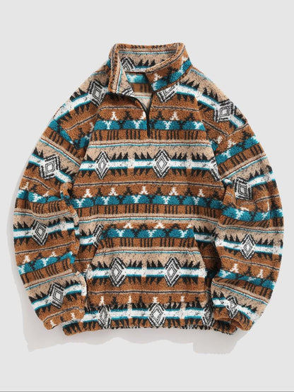 KZZ Men's Ethnic Pattern Drop Shoulder Zipper Sweatshirt