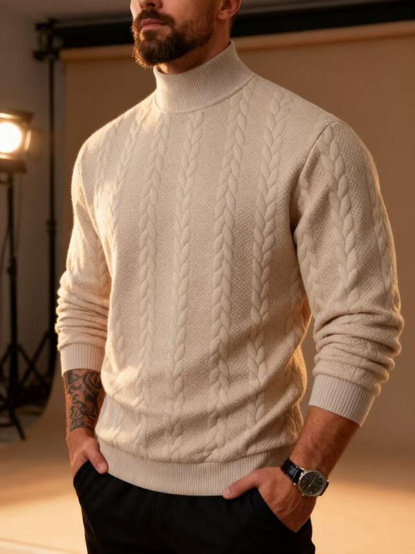 KZZ Men's solid color knitted jacquard turtleneck sweater