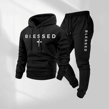 KZZ Men's Blessed Cross Letter Pattern Print Hoodie and Drawstring Sweatpants Set