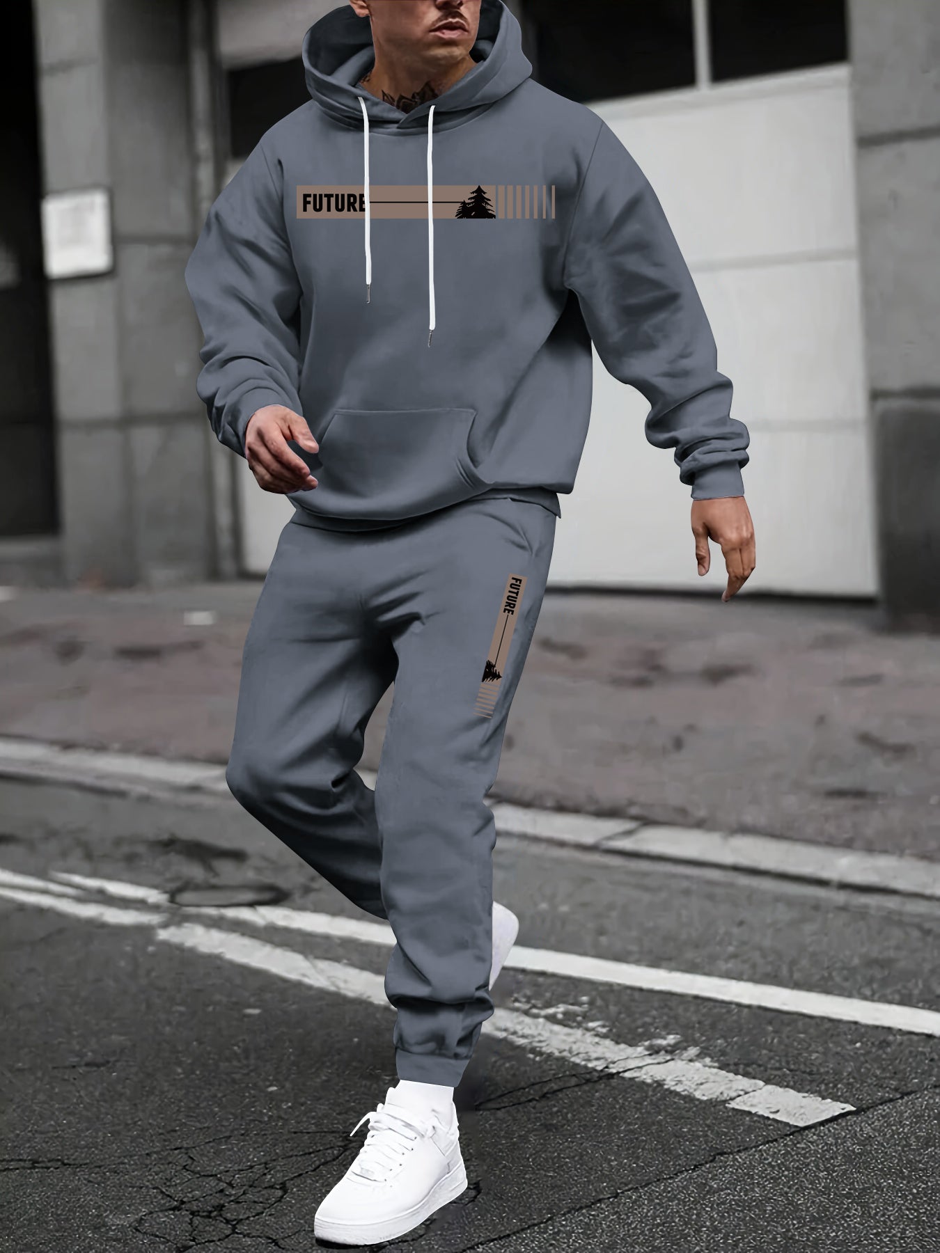 KZZ Two-piece Set Men's Tree Graphic Hoodie & Drawstring Waist Sweatpants