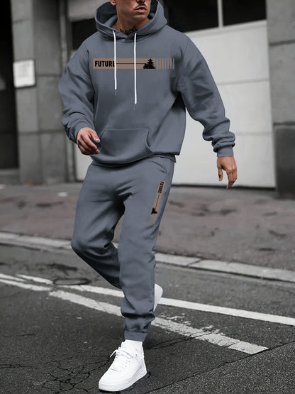 KZZ Two-piece Set Men's Tree Graphic Hoodie & Drawstring Waist Sweatpants